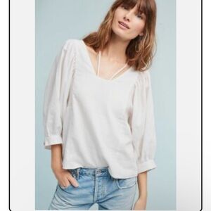 Anthropologie Chic White Blouse V-Neck with bell sleeves